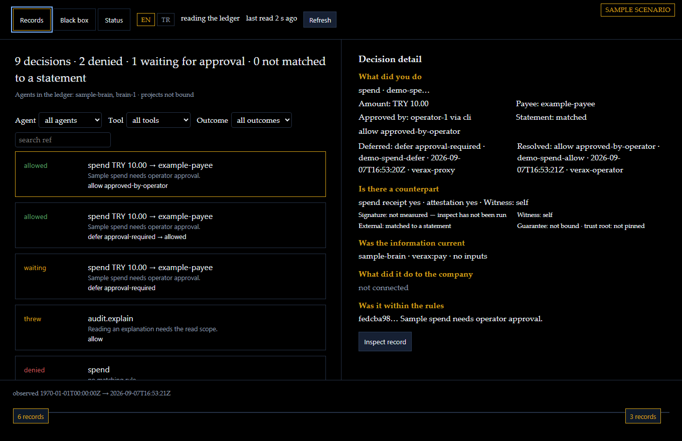 The Records tab: filters for agent, tool and outcome above a list of decisions, each with the rule that answered it, and a detail pane asking five questions about the selected one.